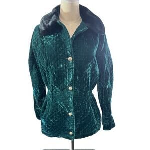 "KAOS" Green Vintage Y2K Velvet Coat Made‎ In USA Faux Fur Collar SZ S PLZ READ